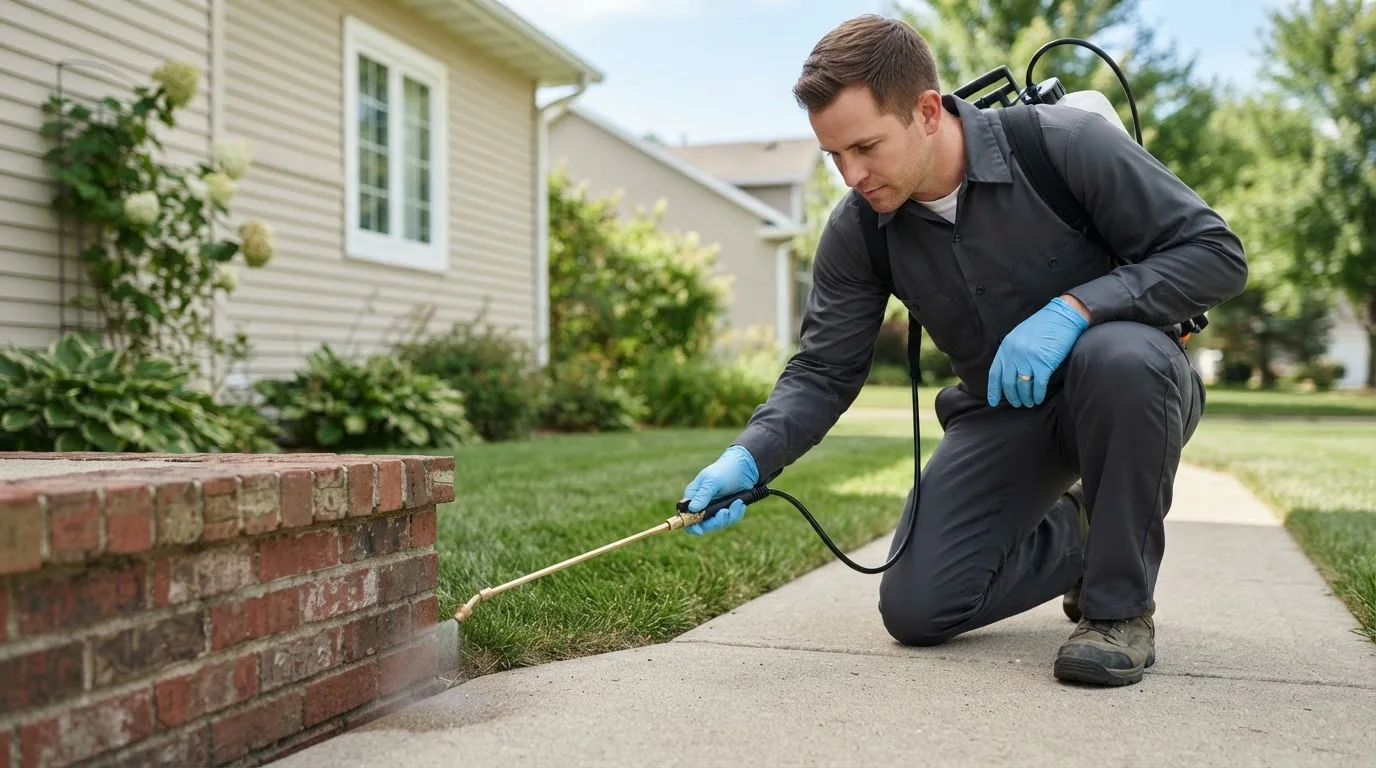 Pest control technician treating a home near Rockwell, IA