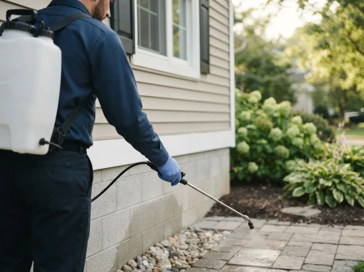 Pest control technician inspecting a home in Rockwell, IA